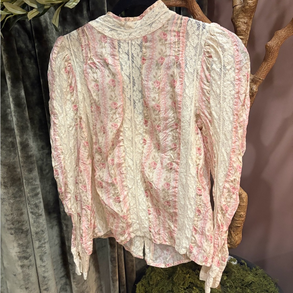 LoveShackFancy Cream and Pink Floral Lace Blouse